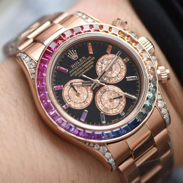 独家后加工真钻包金ROLEX彩虹迪 Rolex  Cosmograph Daytona  Ditongna 复刻高仿116595 RBOW wrist watch 